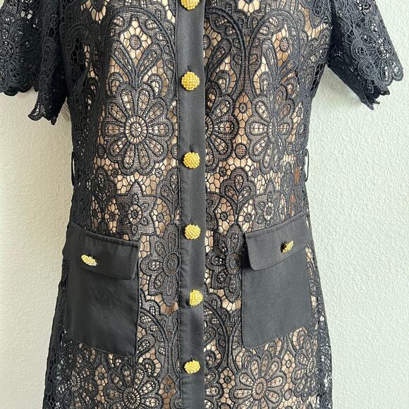 Peekskill Black Lace Collared Mini Dress Women's S Sheer Lined Button Front - Picture 4 of 8